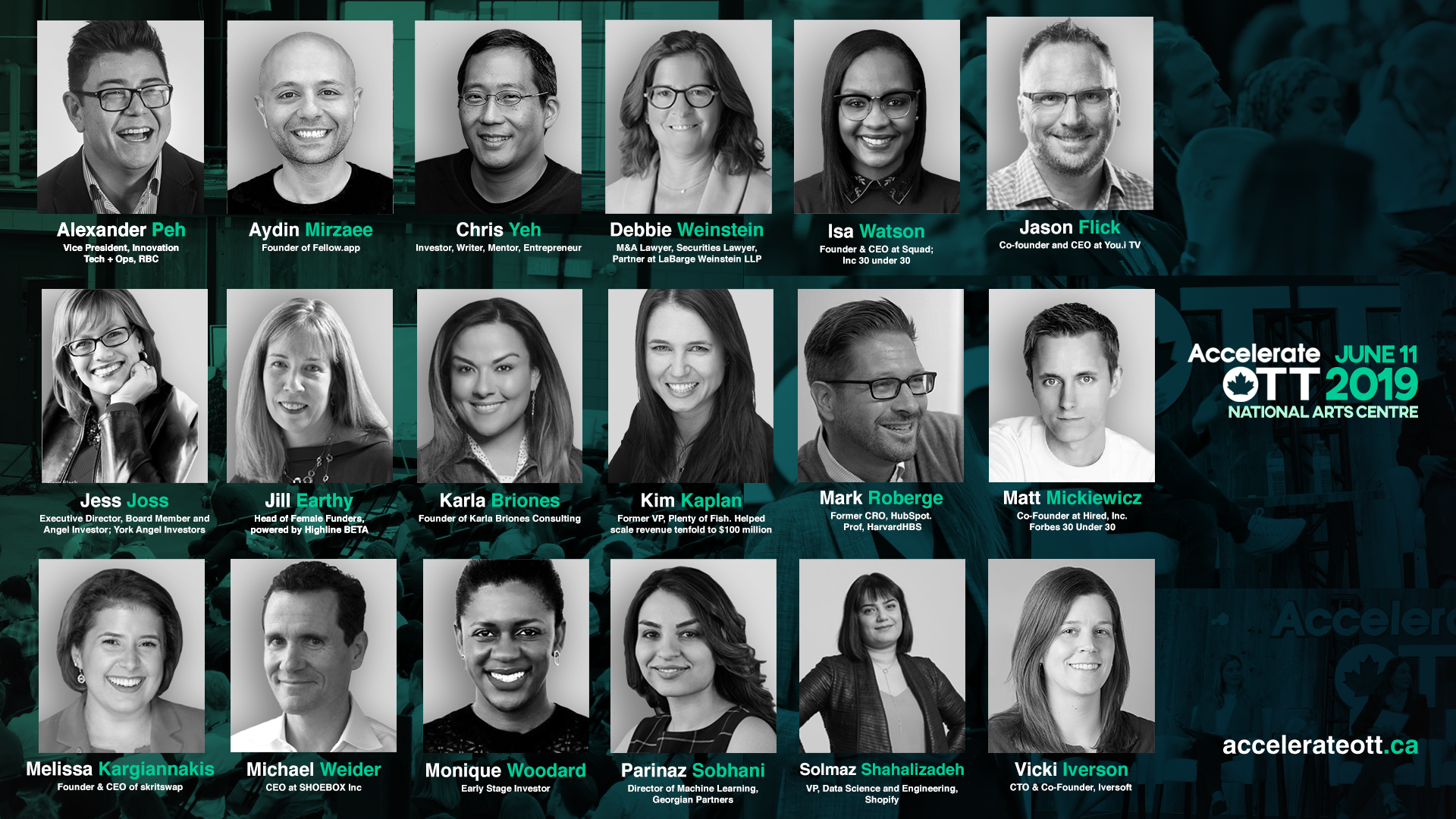 18 head shot photos of tech professionals with their names, and titles, displayed on a black and turquoise background graphic promoting AccelerateOTT 