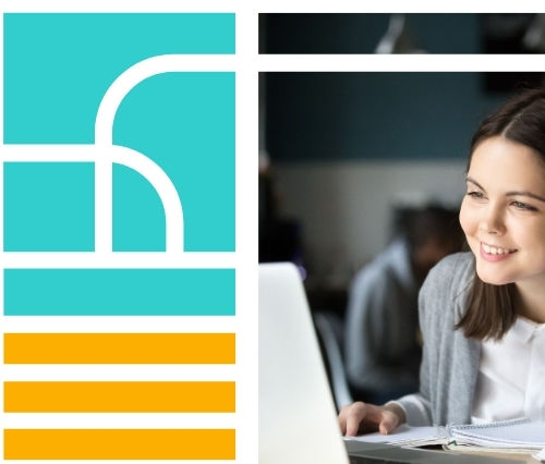 DMS E-learning banner with woman on computer