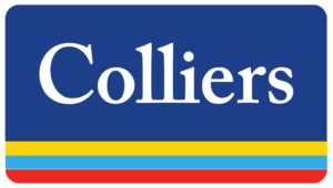 Colliers logo - white font over a navy background which reads as "Colliers", that is centered above three vertical stripes that are yellow, light blue, and red