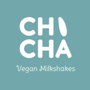 The logo for Chicha Vegan Milkshakes - with white text on a teal background. The I in Chi is represented by a grain on rice.
