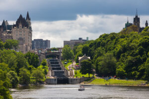 An image of the view of Rideau Canal Locks from the Ottawa River. 