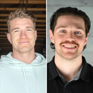 A split image featuring the profile image of co-founders of Frontier Skincare Zak Lewis and Andrew MacDonald.