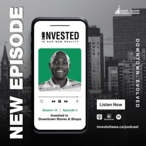 A promotional image for a new podcast episode, featuring Benson Mutalemwa. The graphic features the design of a cellphone, with the image of the guest on it, smiling. The words, new episode appear on the left, with the city of Ottawa's skyline in grey in the background. 